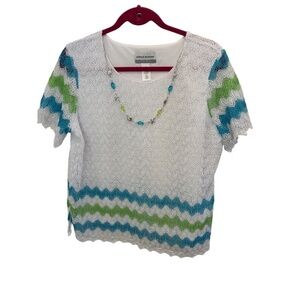Alfred Dunner Lace Overlay Short Sleeve Top with Attached Necklace Petite Large